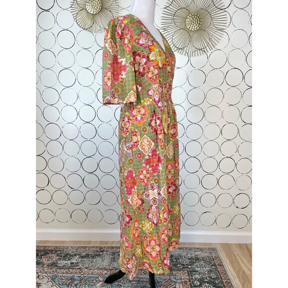 Floral Maxi Wrap Dress Womens 38 Green Pink Boho Cottage Feminine Puff Sleeve - Picture 2 of 15